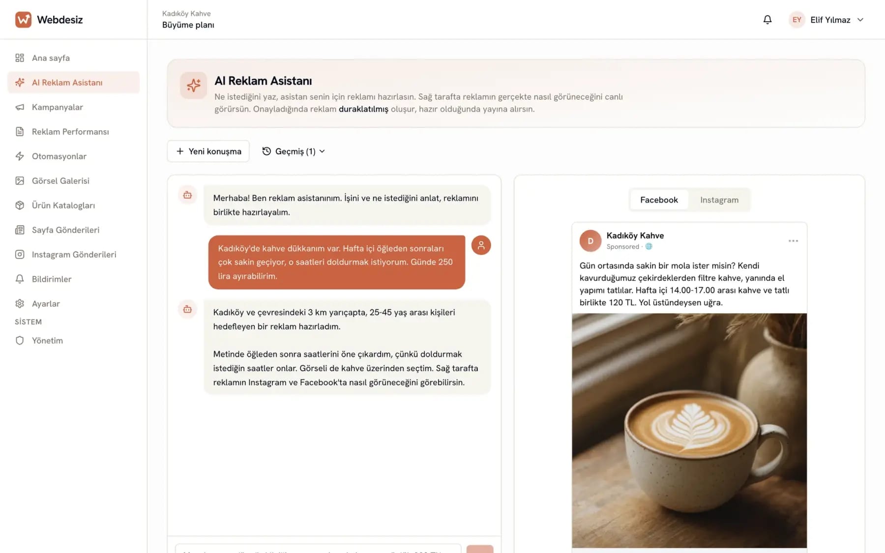 AI ad assistant: a cafe owner describes the business, the assistant prepares the ad, live preview on the right