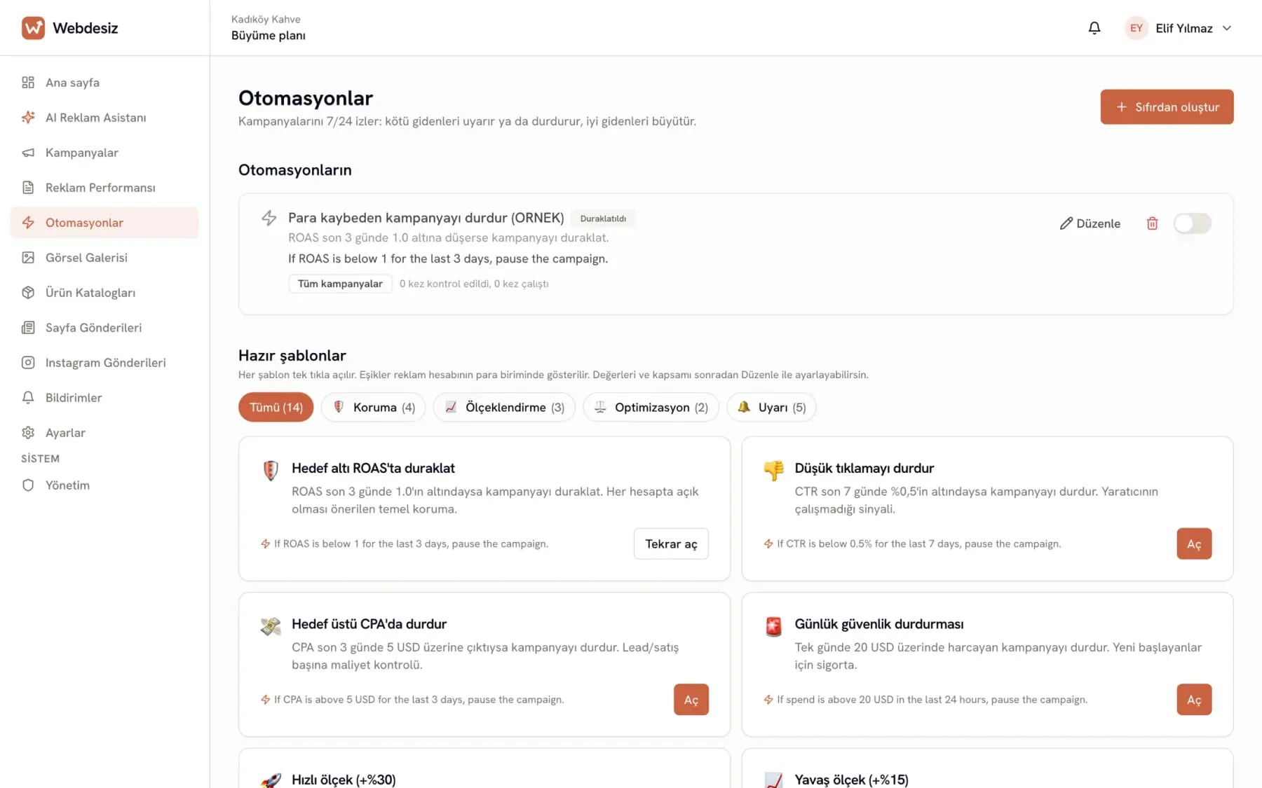 Automations screen: protection rules and ready-made templates