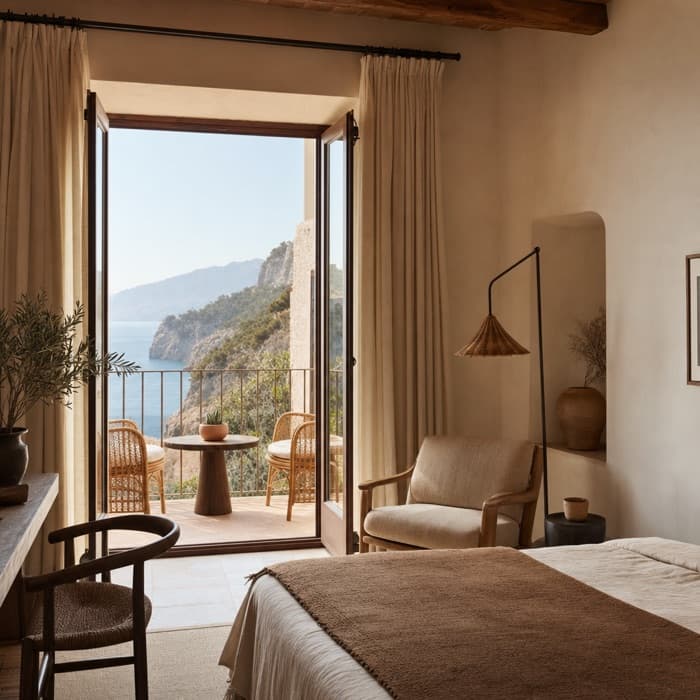Deniz manzaralı otel odası ve balkon