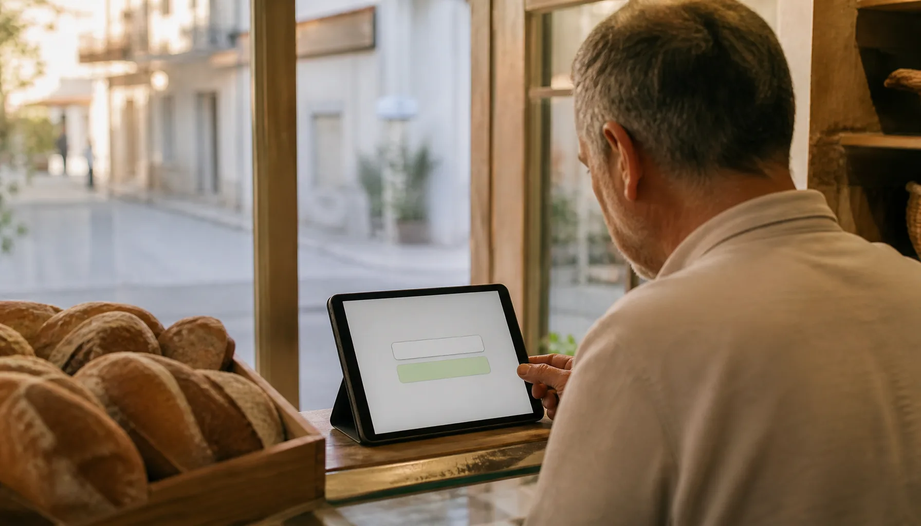 İşletme sahibi tezgah üstündeki tablette reklam setinin günlük bütçesini kontrol ediyor