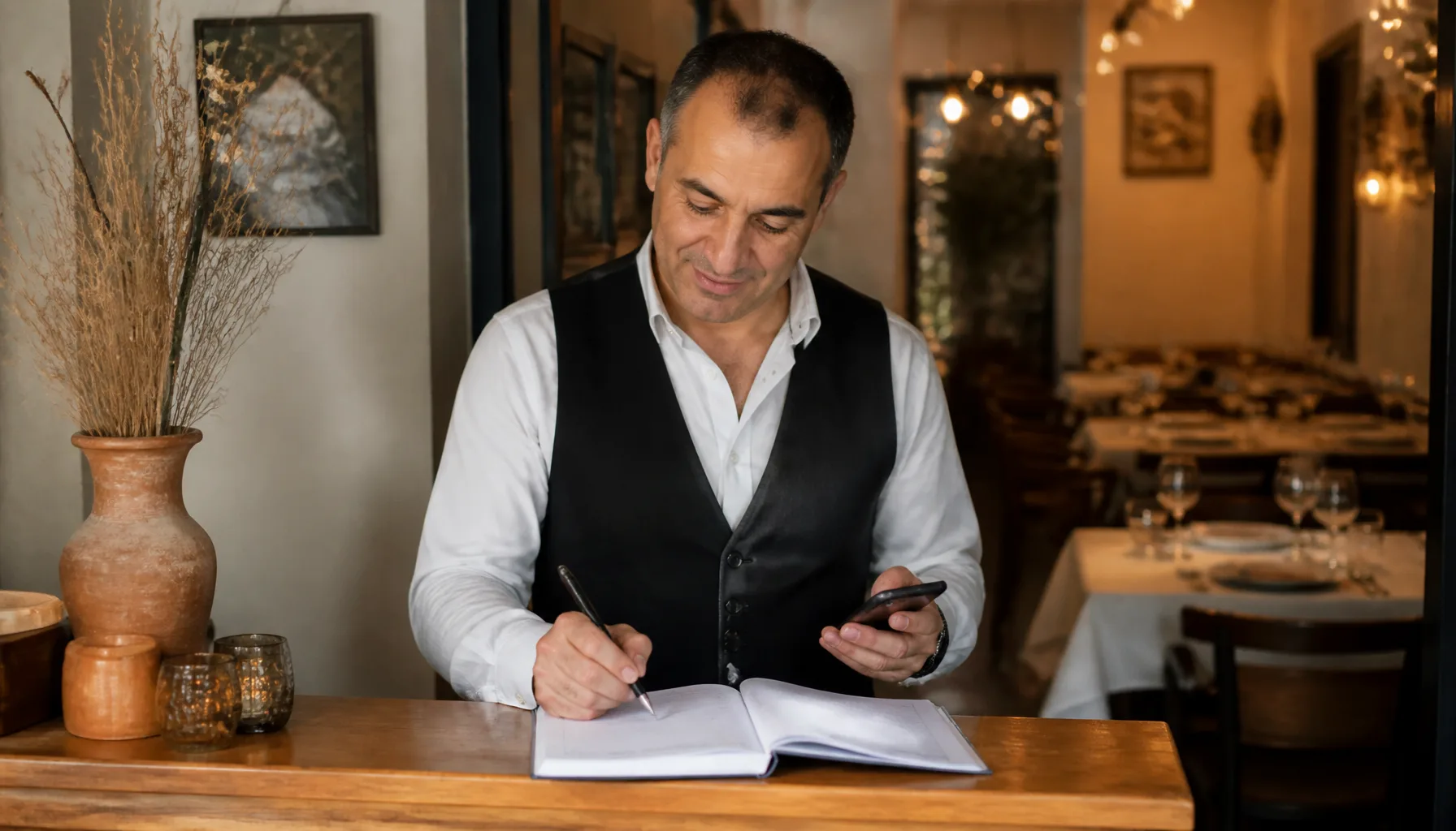 Telefondan gelen rezervasyon mesajını deftere yazan restoran görevlisi