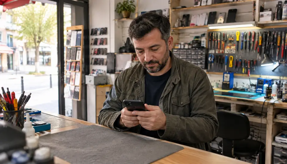 Dükkan tezgahında akıllı telefonunu kontrol eden bir erkek, arka planda raflar ve aletler görünüyor