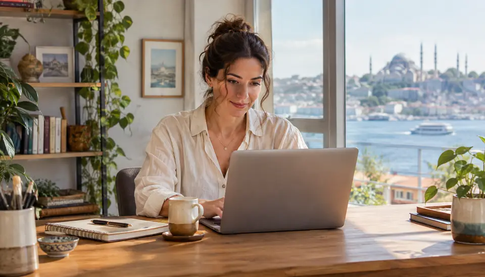 Reklam bütçesini planlayan bir kadın, dizüstü bilgisayar ve not defteriyle masasında çalışıyor