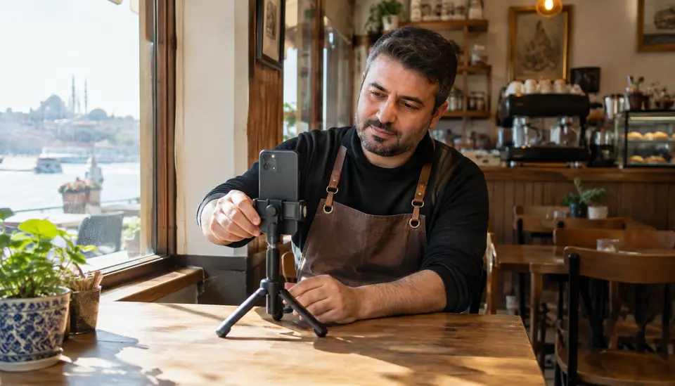 Pencere ışığının yakınına sabitlenmiş dikey tutulan telefonla çekim yapan kafe sahibi