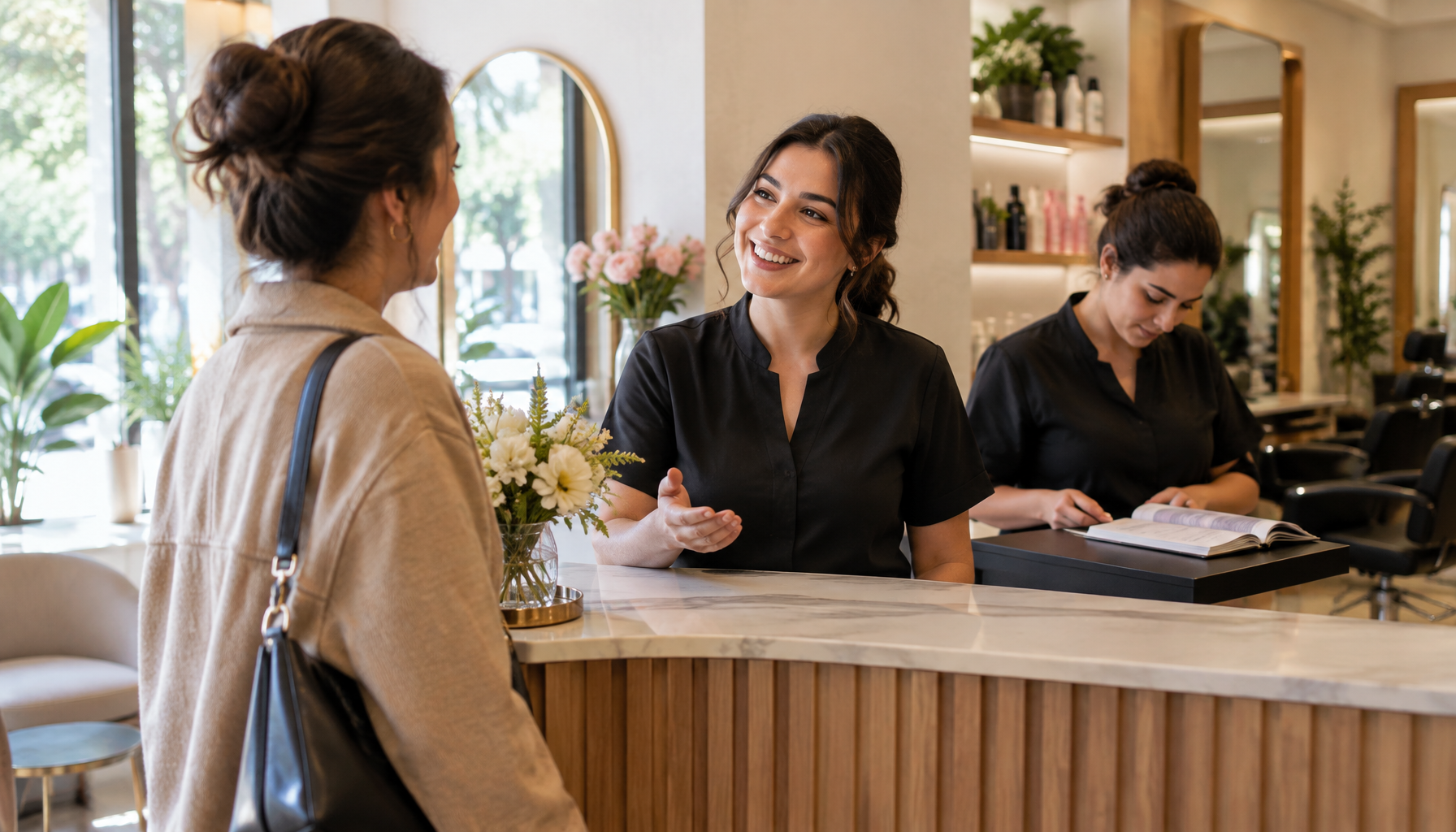Randevusuna gelen müşteriyi karşılayan salon çalışanı ve ziyaret kaydını kontrol eden işletme ekibi.