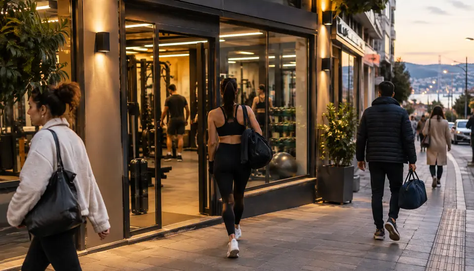 Akşam saatlerinde mahalle caddesindeki bir spor salonunun girişi ve yürüyen insanlar