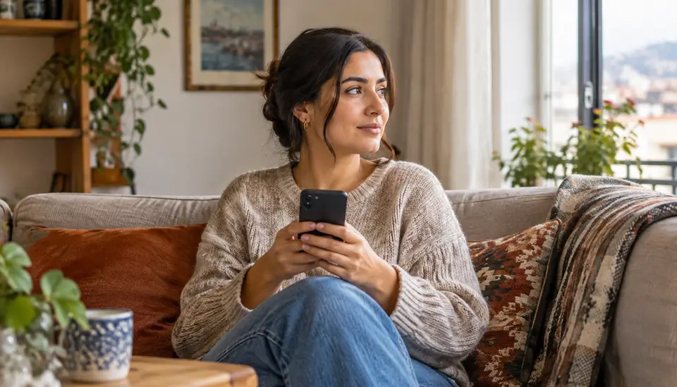 Evde telefonunu tutan bir alışverişçi