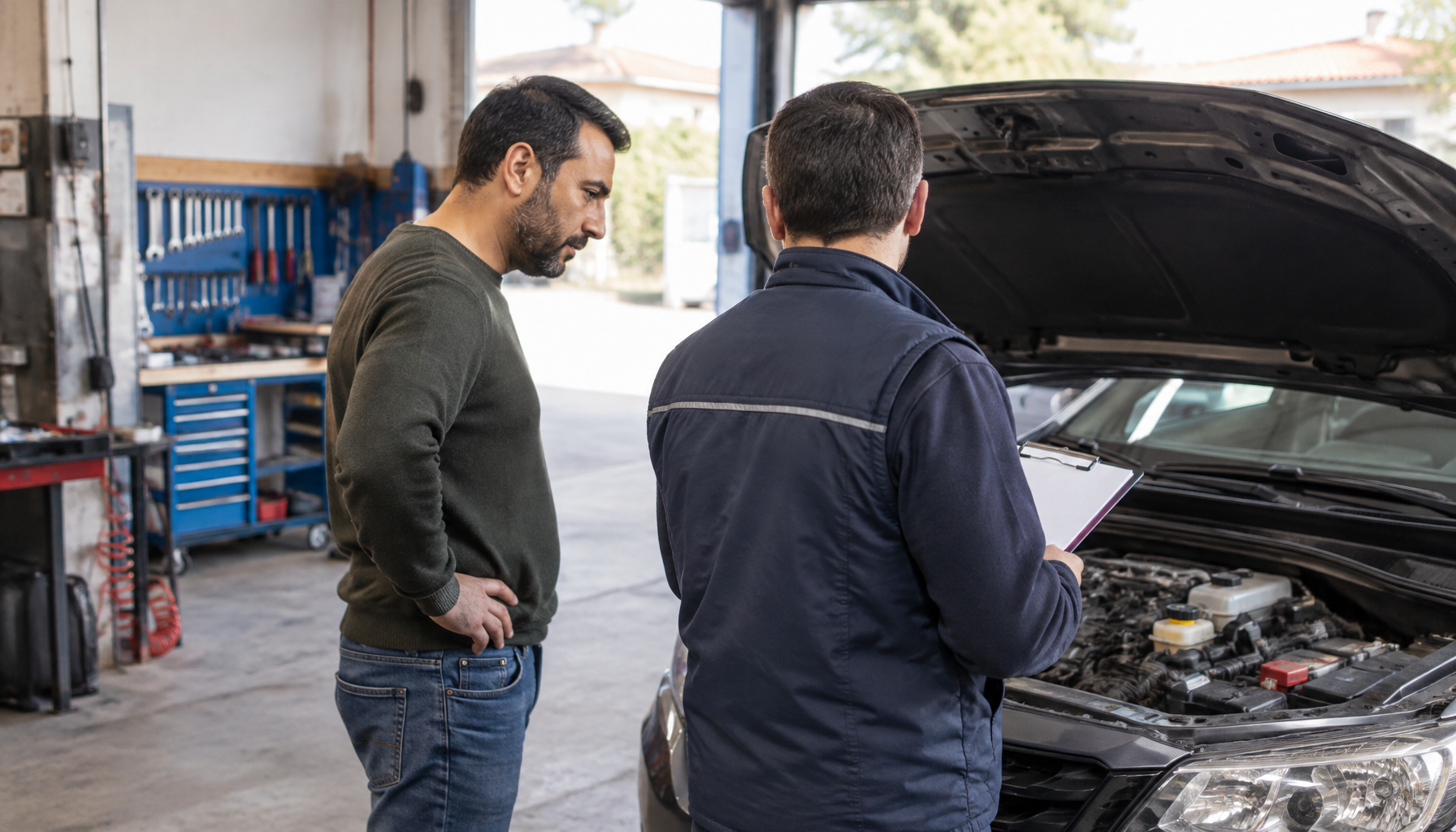 Servis çalışanının araç sahibiyle bakım ihtiyacını ve işlem kapsamını görüşmesi.