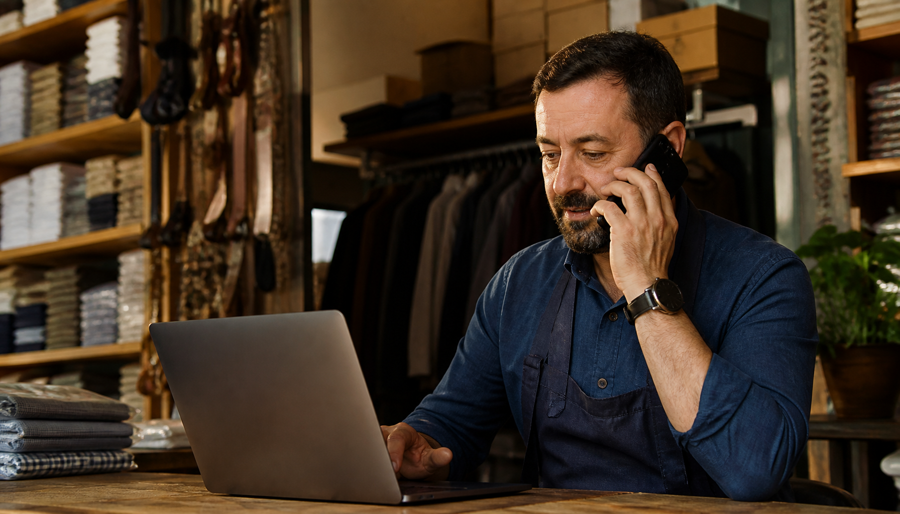 Bir işletme sahibi, laptop ekranında satış verilerini incelerken telefon görüşmesi yapıyor.