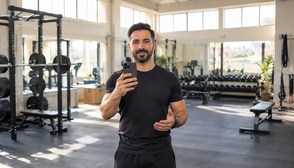 Spor salonunda dikey telefonla mekan turu çeken spor salonu sahibi