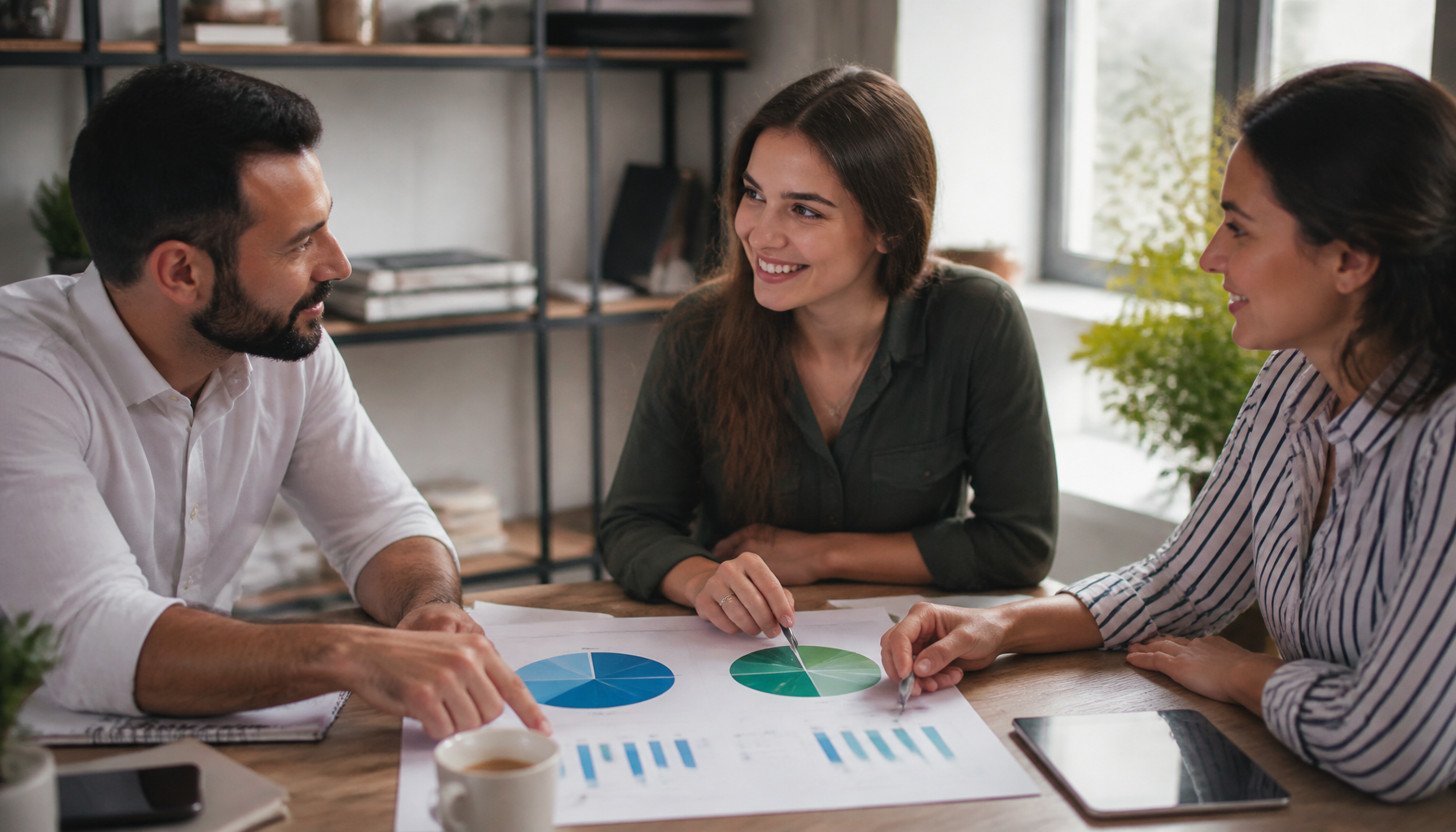 Marketers discussing budget options in an office.