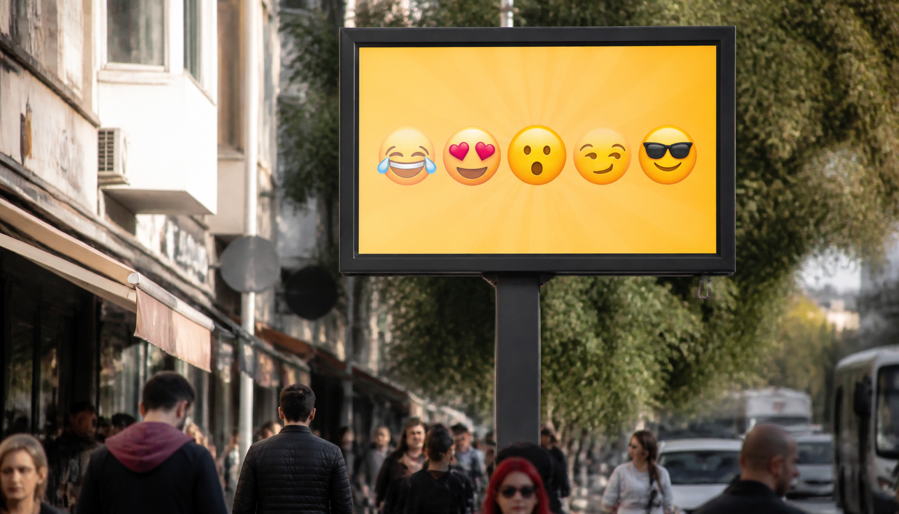 Şehirde emoji ve metin içeren dijital reklam panosu.